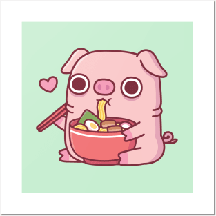 Cute Chubby Piggy Eating Ramen Noodles Posters and Art